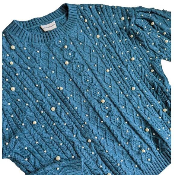 Something Navy Womens Sweater Pearl Embellishment Turquoise Small - Picture 7 of 12